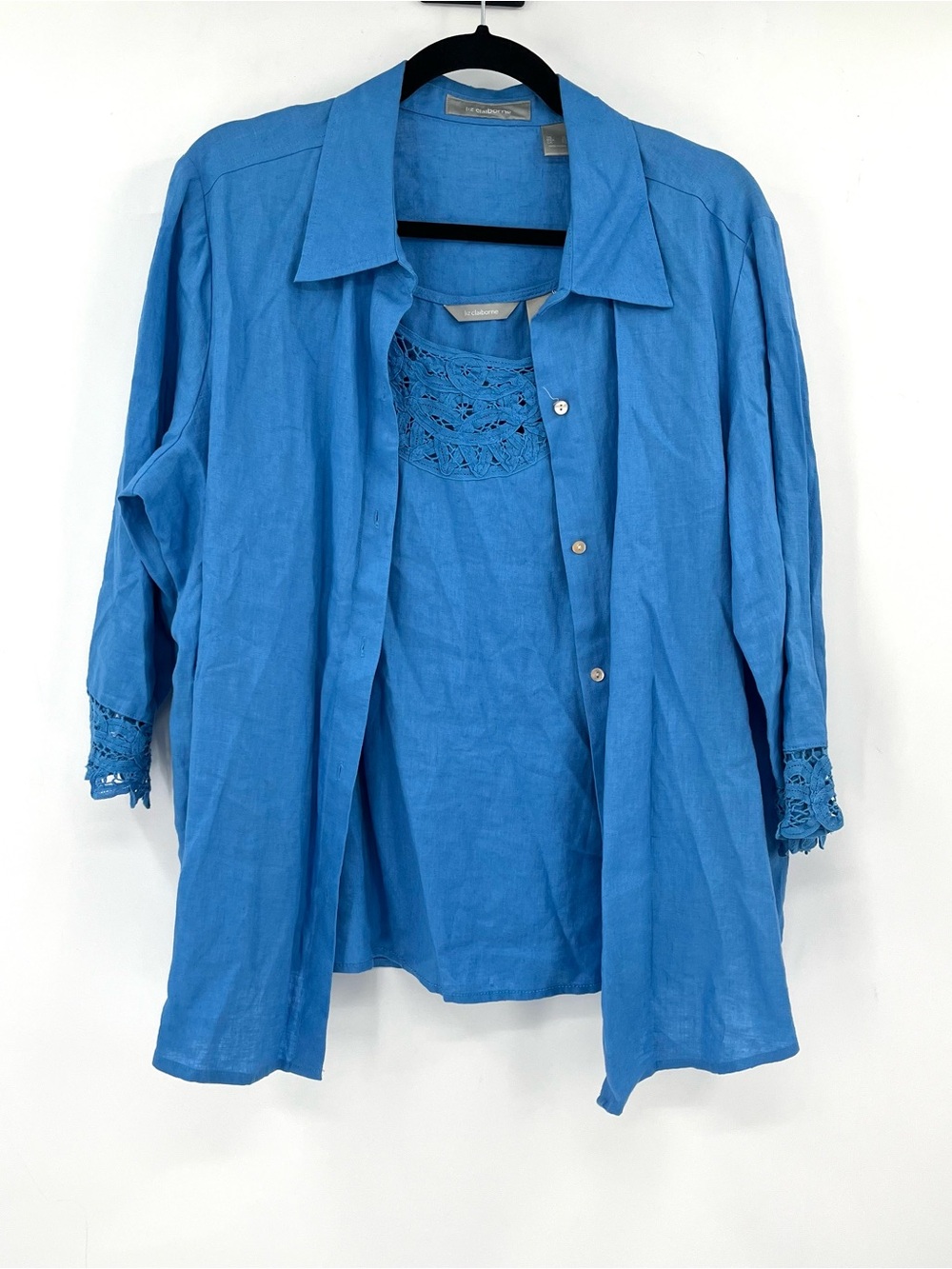LIZ CLAIBORNE 100% Linen Shirt Tank Set Blue XL Crochet Lace Coastal Preppy Top